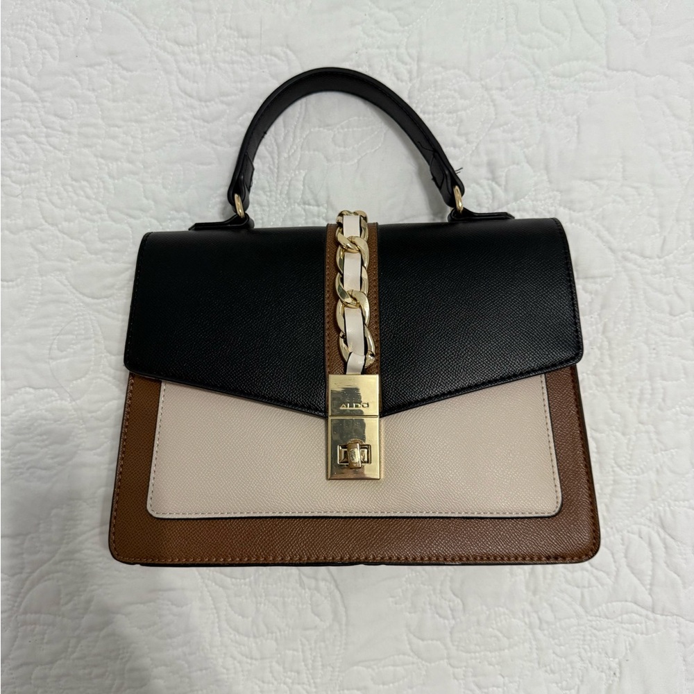 Aldo Black, Brown, and Cream Handbag with Gold Chain
